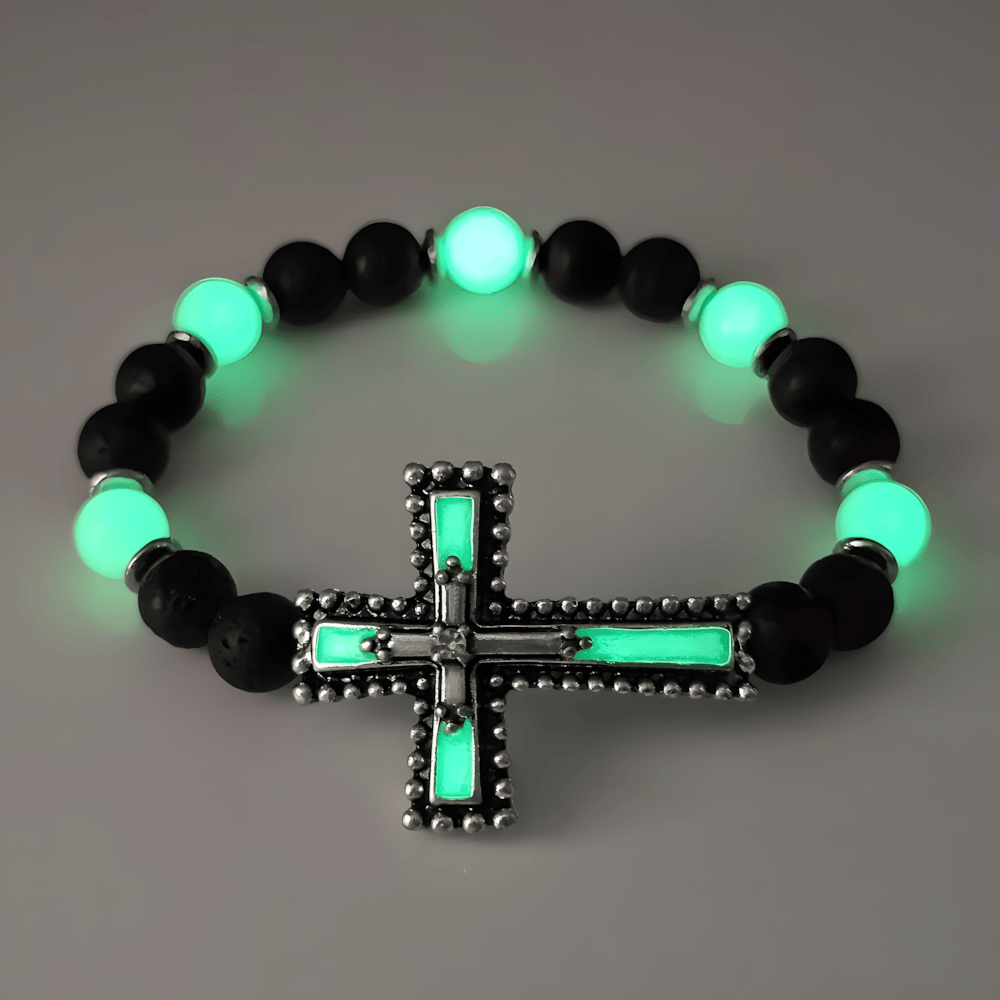 Ensemble de bijoux croix luminescent avec pierre volcanique : Gardez Sa Grâce près de vous après la tombée de la nuit