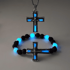 Ensemble de bijoux croix luminescent avec pierre volcanique : Gardez Sa Grâce près de vous après la tombée de la nuit