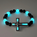 Ensemble de bijoux croix luminescent avec pierre volcanique : Gardez Sa Grâce près de vous après la tombée de la nuit