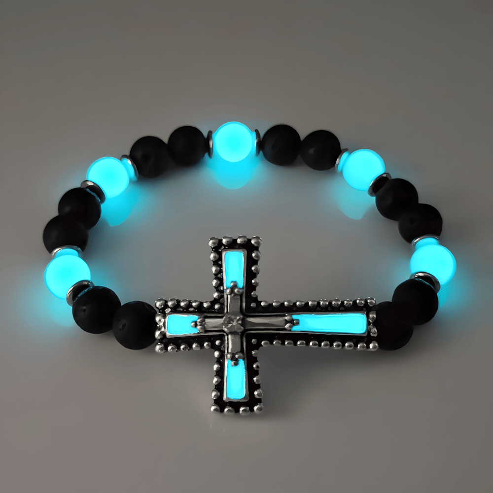 Ensemble de bijoux croix luminescent avec pierre volcanique : Gardez Sa Grâce près de vous après la tombée de la nuit
