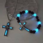 Ensemble de bijoux croix luminescent avec pierre volcanique : Gardez Sa Grâce près de vous après la tombée de la nuit