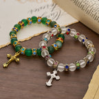 Pulsera Cruz de Ágata Verde Esmerilada y Cristal Blanco: Fe Suave en Textura Luminosa