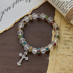 Pulsera Cruz de Ágata Verde Esmerilada y Cristal Blanco: Fe Suave en Textura Luminosa