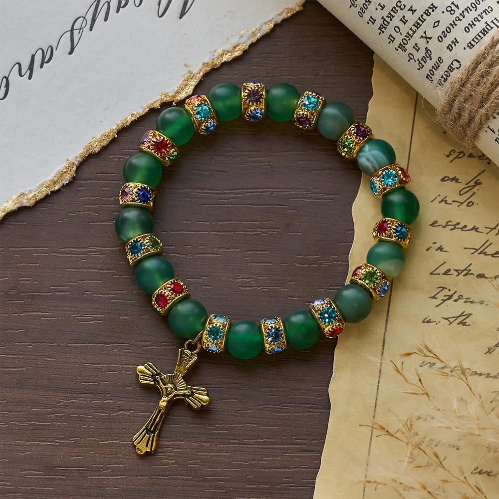Pulsera Cruz de Ágata Verde Esmerilada y Cristal Blanco: Fe Suave en Textura Luminosa
