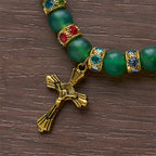 Pulsera Cruz de Ágata Verde Esmerilada y Cristal Blanco: Fe Suave en Textura Luminosa