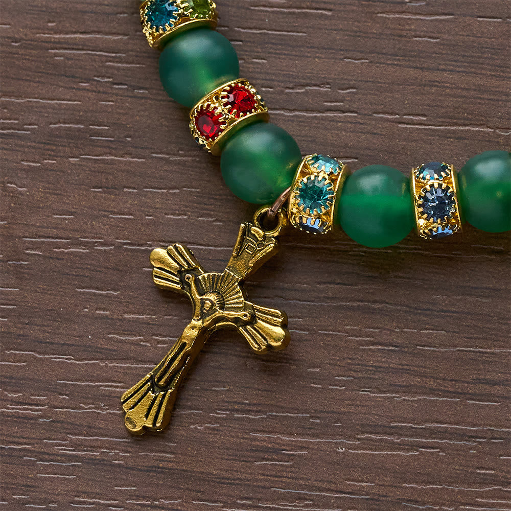 Pulsera Cruz de Ágata Verde Esmerilada y Cristal Blanco: Fe Suave en Textura Luminosa
