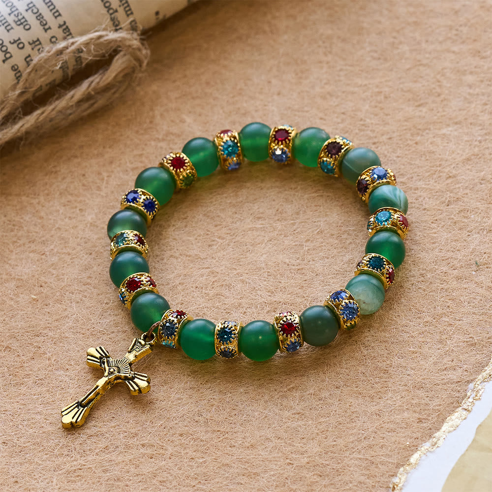Pulsera Cruz de Ágata Verde Esmerilada y Cristal Blanco: Fe Suave en Textura Luminosa