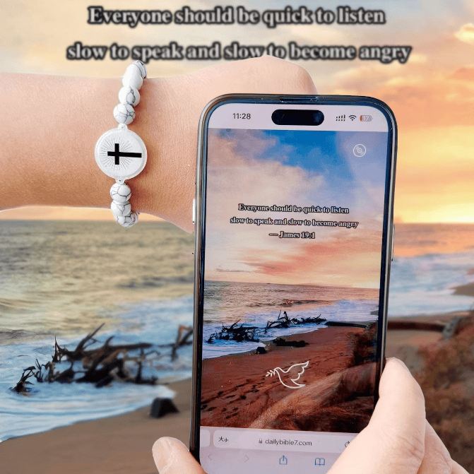 Bracelet avec verset biblique en pierre naturelle et technologie NFC : Touchez pour recevoir quotidiennement la Parole de Jésus