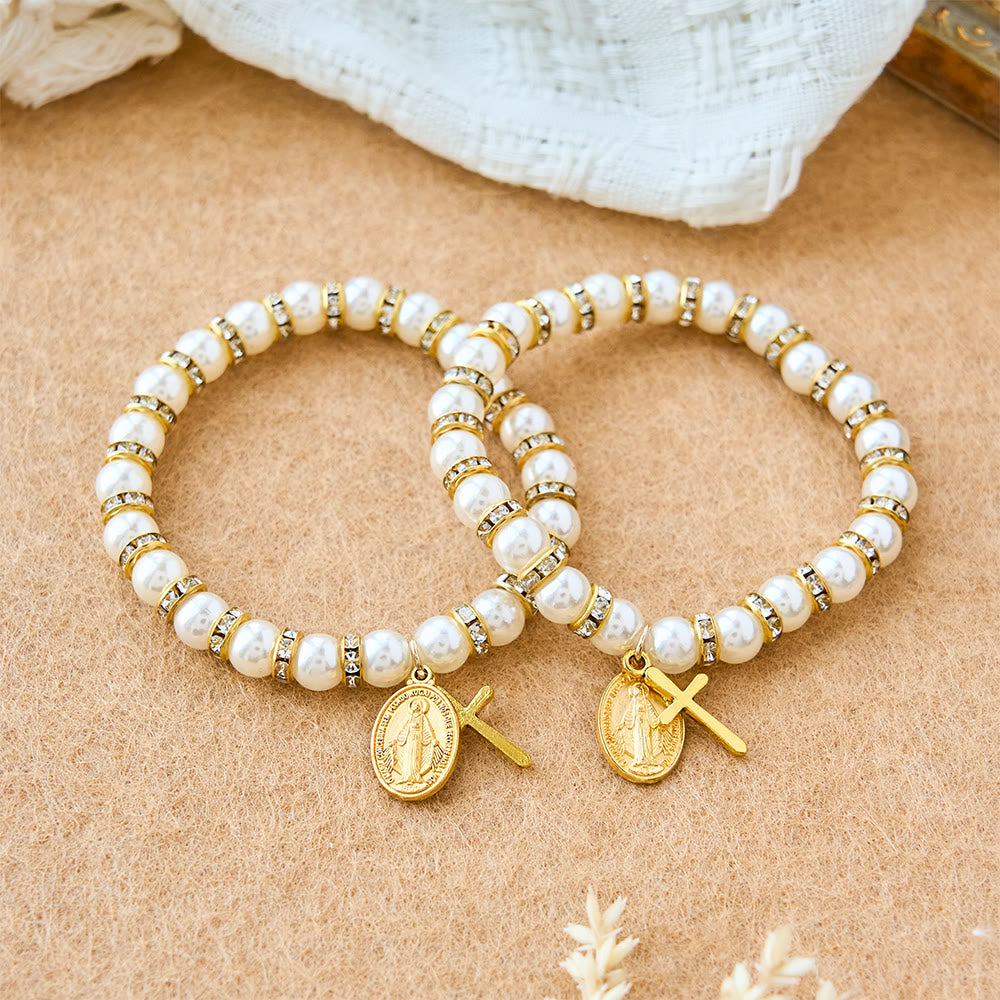 Bracelet Perles Modernes avec Médaille Miraculeuse Dorée & Carte Bénédiction : Communion Opulente
