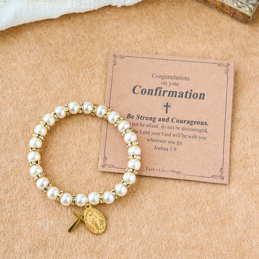 Bracelet Perles Modernes avec Médaille Miraculeuse Dorée & Carte Bénédiction : Communion Opulente
