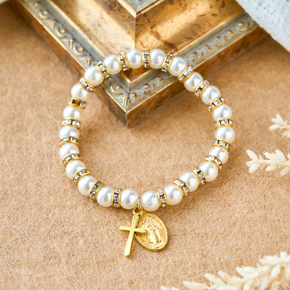 Bracelet Perles Modernes avec Médaille Miraculeuse Dorée & Carte Bénédiction : Communion Opulente
