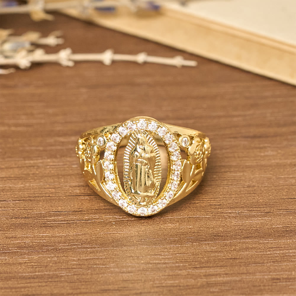Nuestro Anillo de la Virgen con Circonitas Rodeadas y Acentos Florales: Encarna Su Tierna Gracia
