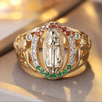 Anillo de Nuestra Señora con Circonitas y Diseño Floral: Un Elegante Recordatorio de Fe Inquebrantable