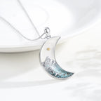 Collier graine de moutarde croissant de lune et croix : incrustation turquoise et finition argentée