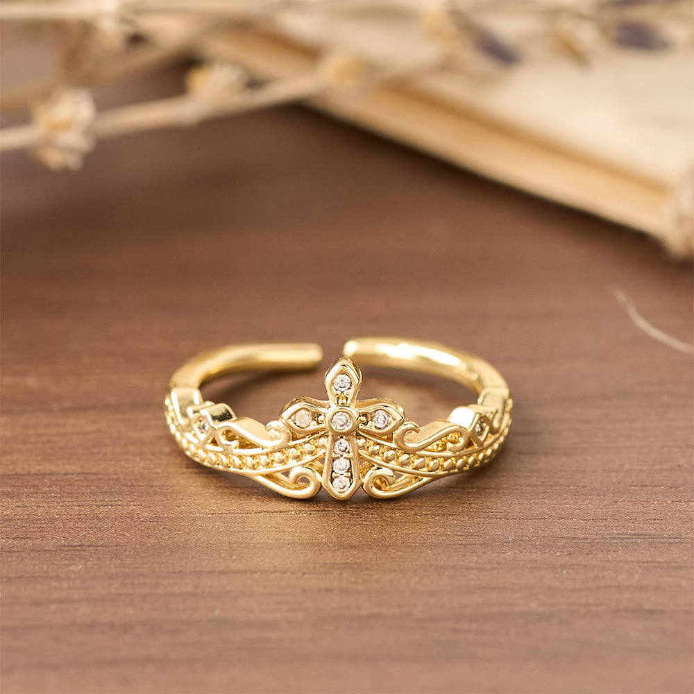 Anillo Cruz-Corona de Estilo Pulido Dual: Lleva Su Cuidado Real Cerca Diariamente