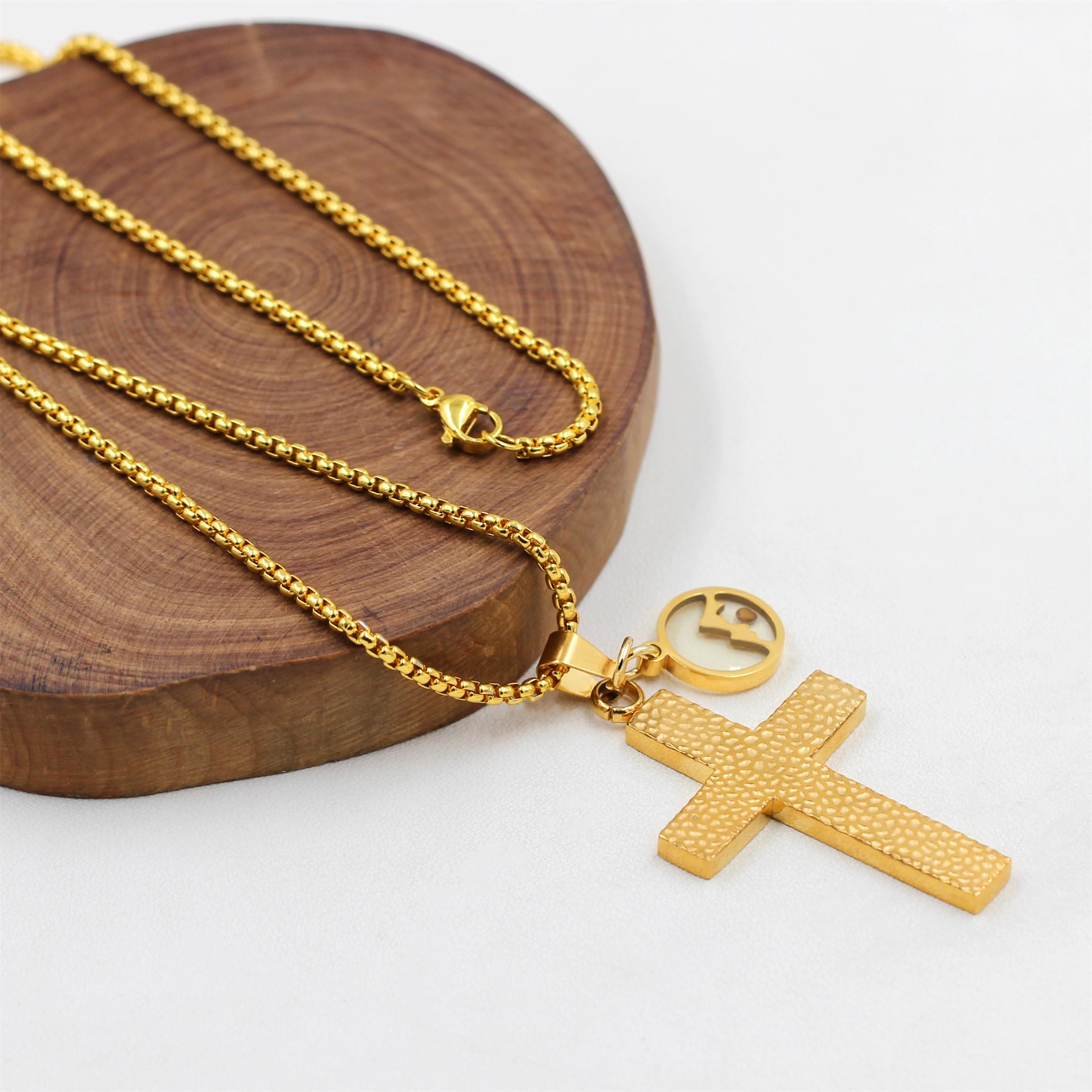 Textured Cross Mustard Seed Necklace: Metallic Charms for Spiritual Reminders