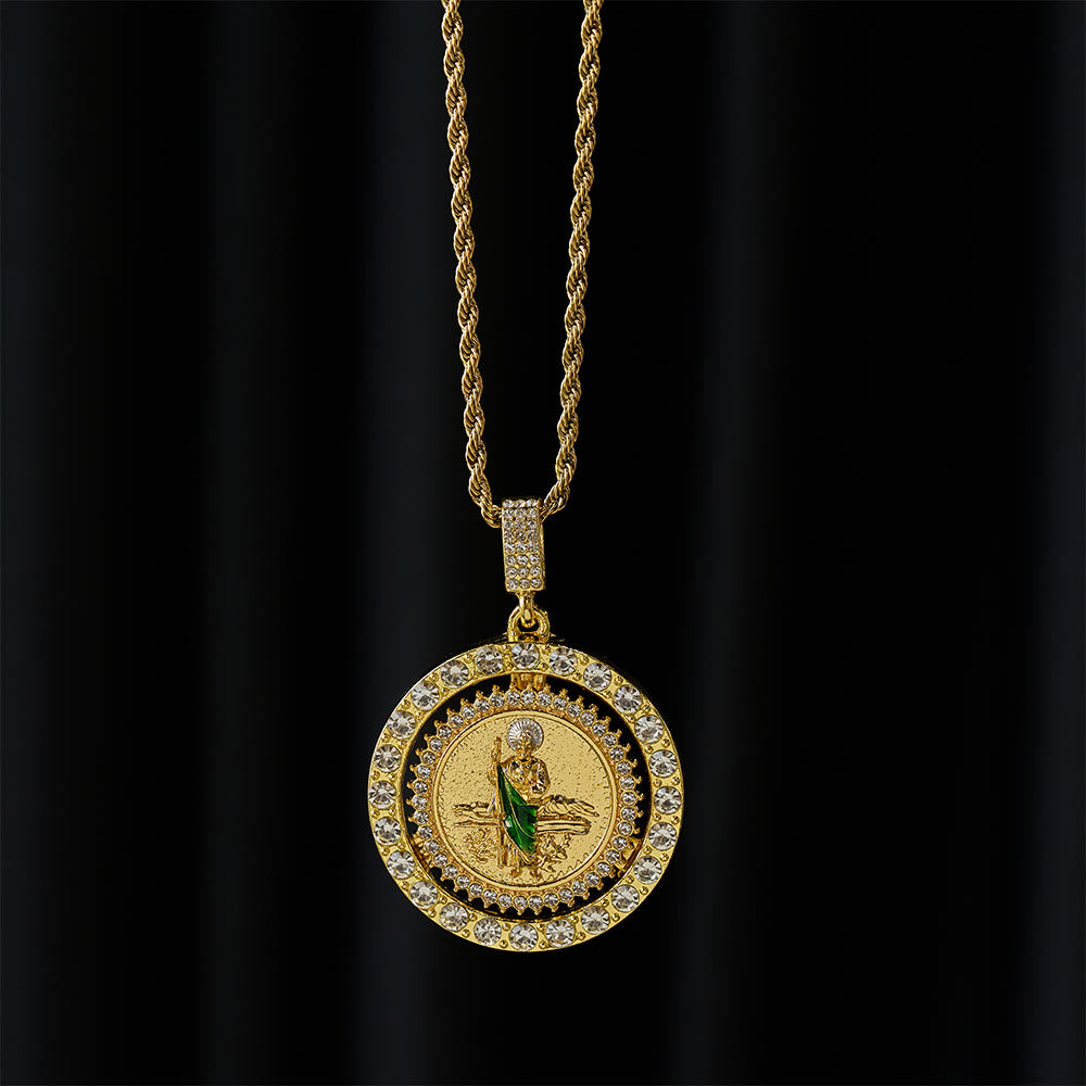 Collar con halo de cristal de San Judas giratorio: un símbolo de gracia sagrada y protección