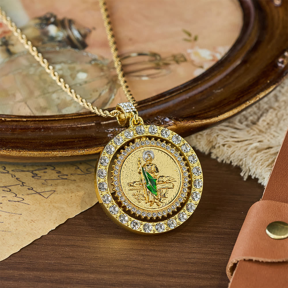 Collar con halo de cristal de San Judas giratorio: un símbolo de gracia sagrada y protección