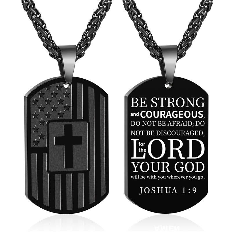 Collier réversible avec drapeau américain, croix et verset biblique : un symbole de force sacrée et de courage