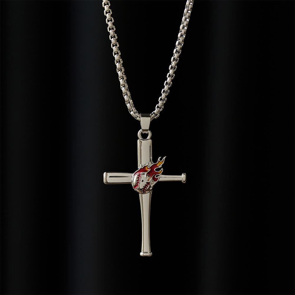 Collier croix de baseball Philippiens 4:13 avec détail flamme : un symbole de force divine et de foi athlétique