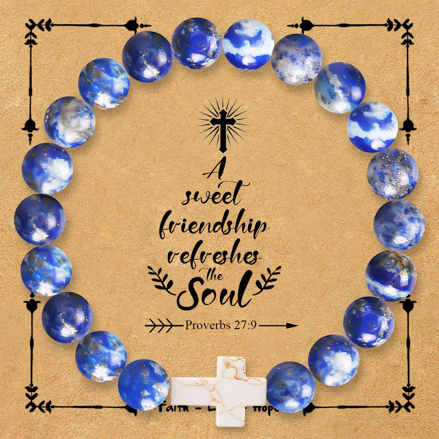 Natural Stone Cross Bracelet with Proverbs 27:9 Card: A Symbol of Divine Friendship & Grace