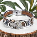 Bracelet en cuir « God Bless Me » avec mains en prière et accents métalliques
