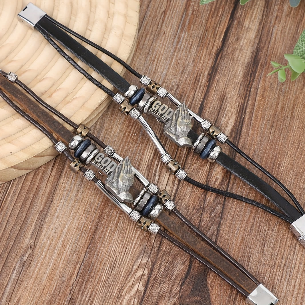 Bracelet en cuir « God Bless Me » avec mains en prière et accents métalliques