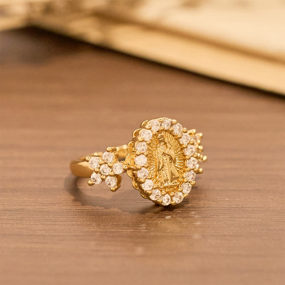 Bague Notre-Dame en or avec doubles motifs floraux et halo de zircon