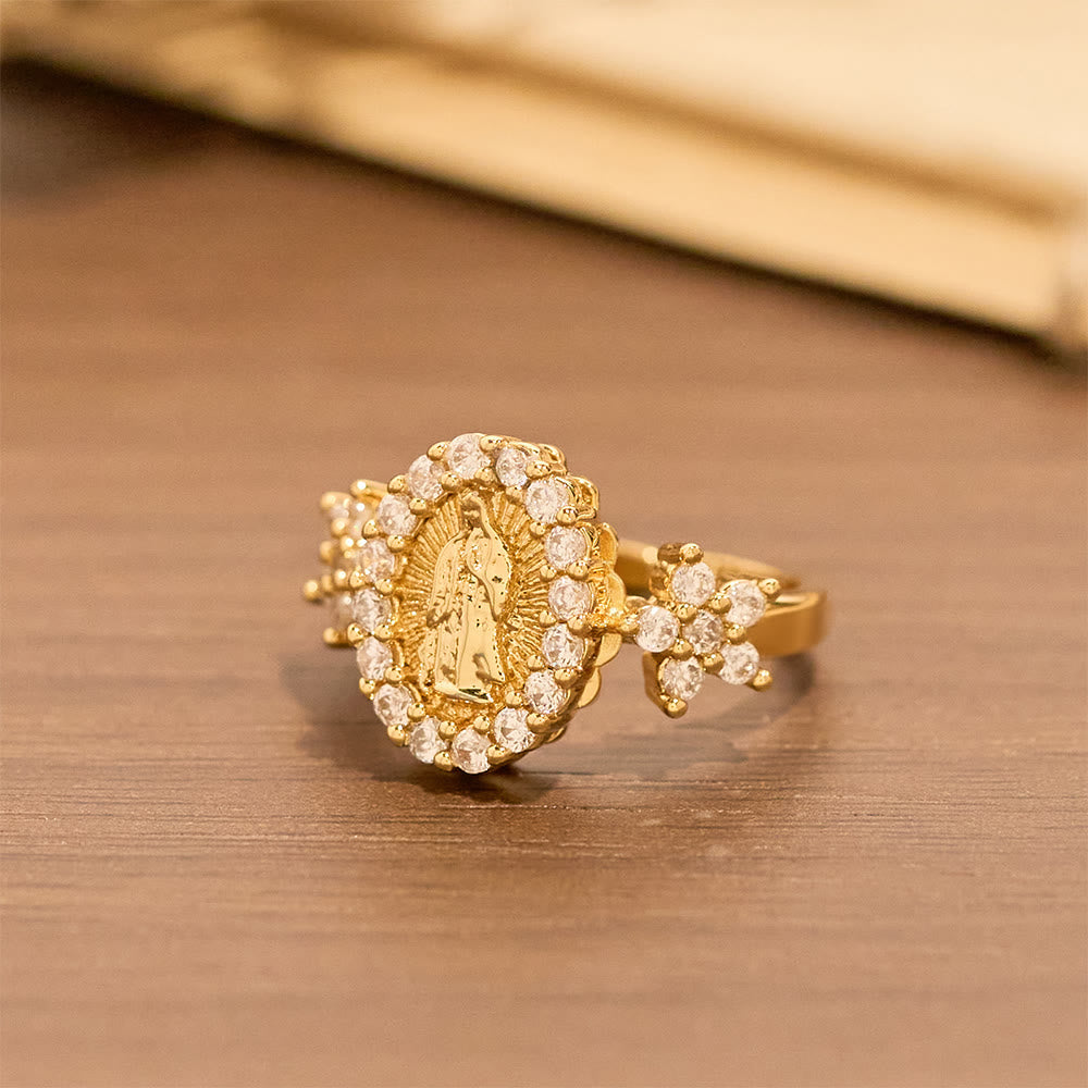 Bague Notre-Dame en or avec doubles motifs floraux et halo de zircon