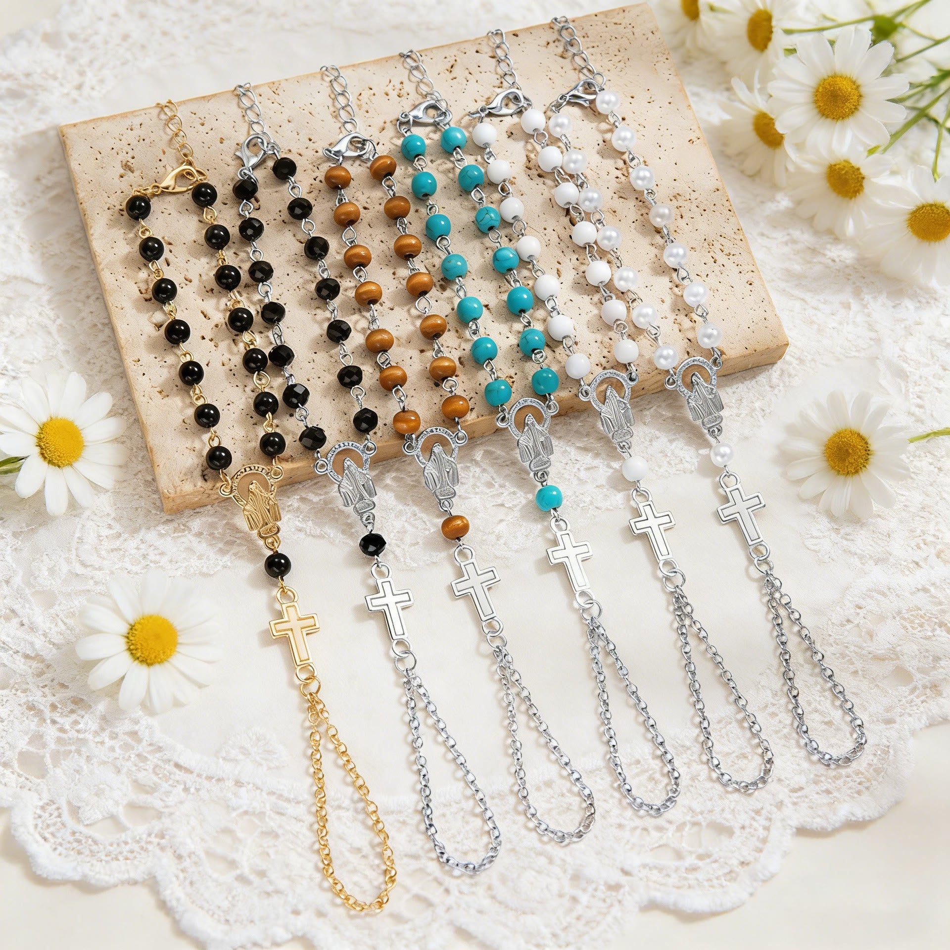 Rosario de pulsera de cadena para dedo con crucifijo de cuentas de gemas: emblema de devoción divina y elegancia