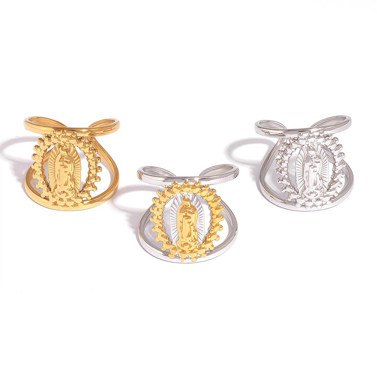 Bague Notre-Dame à triple cadre ajouré : un symbole de lumière et de dévotion divines