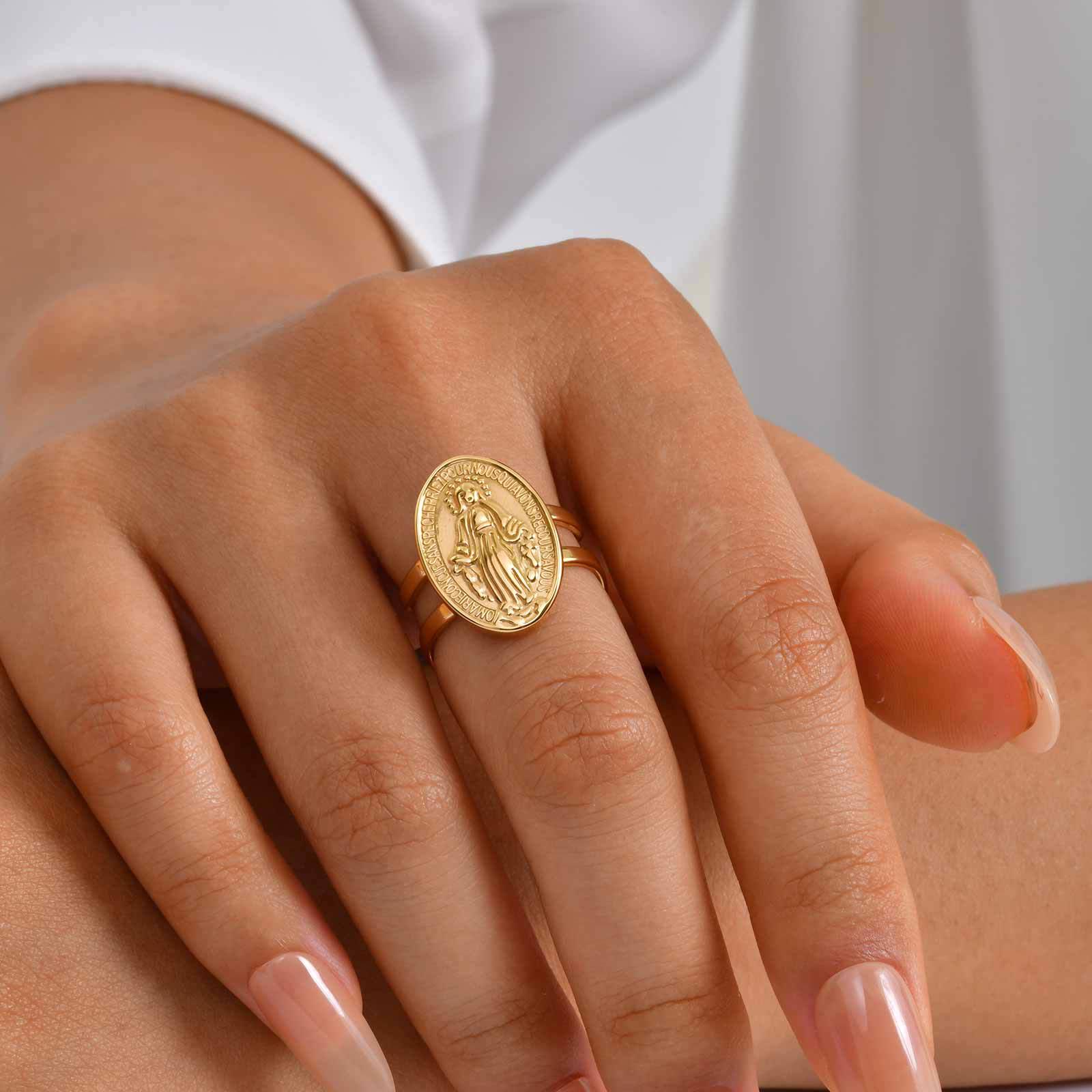 Bague réglable ouverte Notre-Dame Médaille Miraculeuse CZ Halo Foi