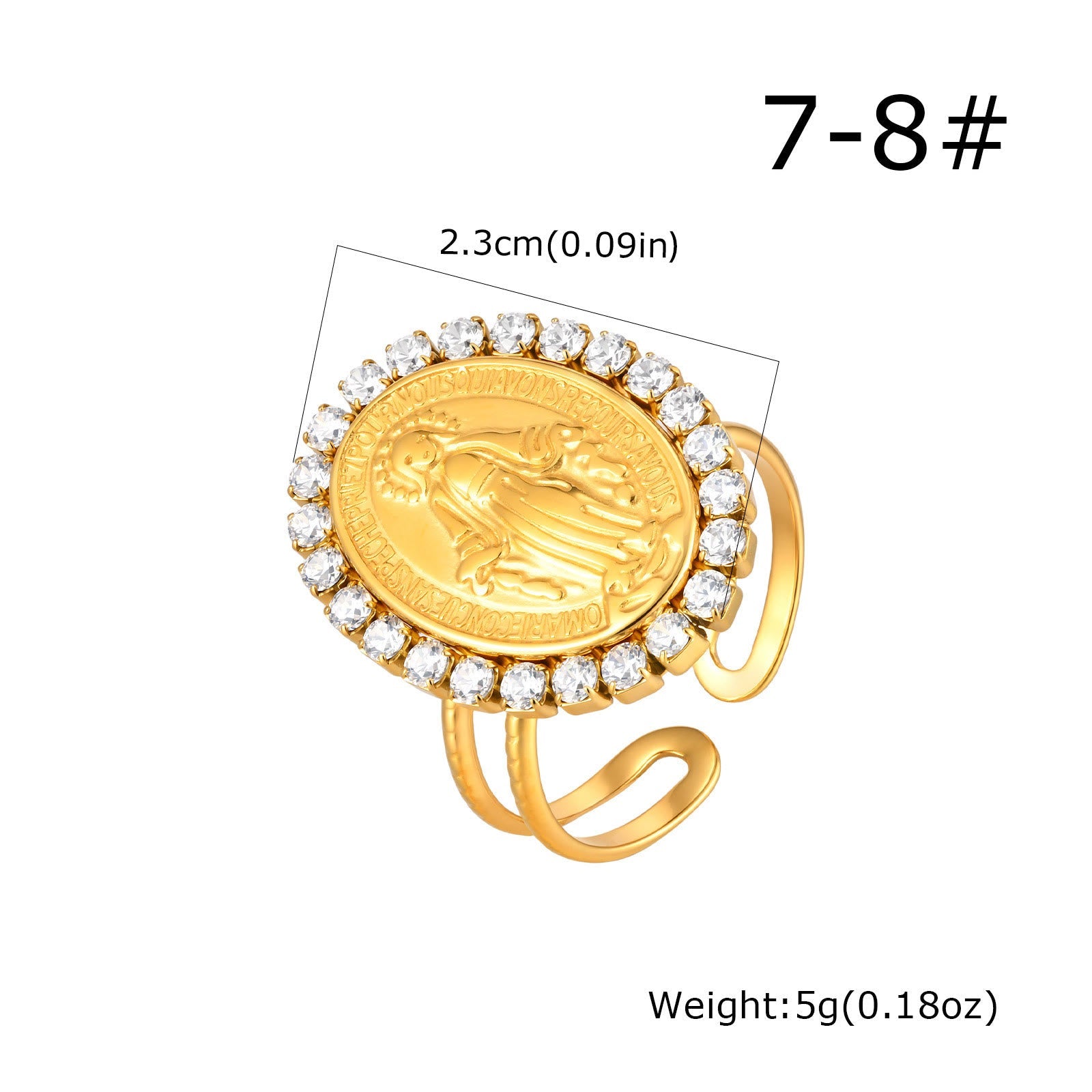 Bague réglable ouverte Notre-Dame Médaille Miraculeuse CZ Halo Foi