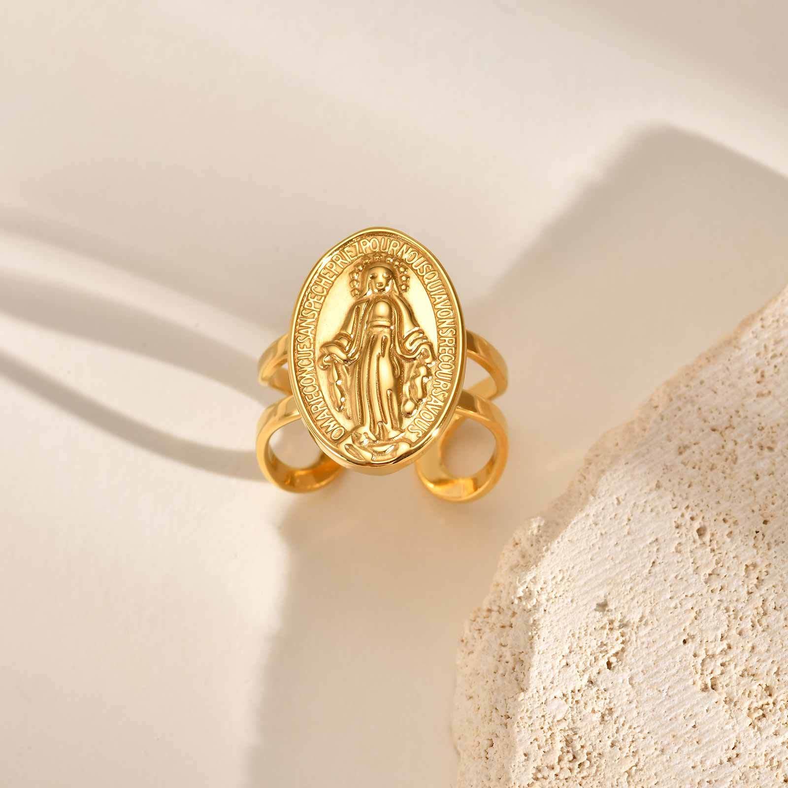 Bague réglable ouverte Notre-Dame Médaille Miraculeuse CZ Halo Foi