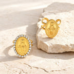 Bague réglable ouverte Notre-Dame Médaille Miraculeuse CZ Halo Foi