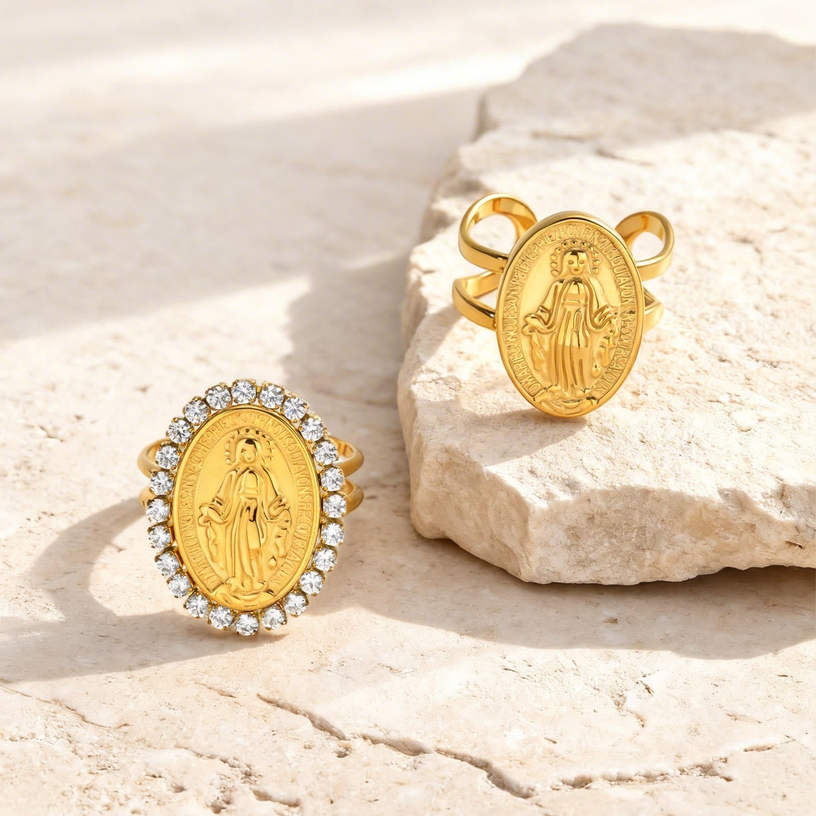 Bague réglable ouverte Notre-Dame Médaille Miraculeuse CZ Halo Foi