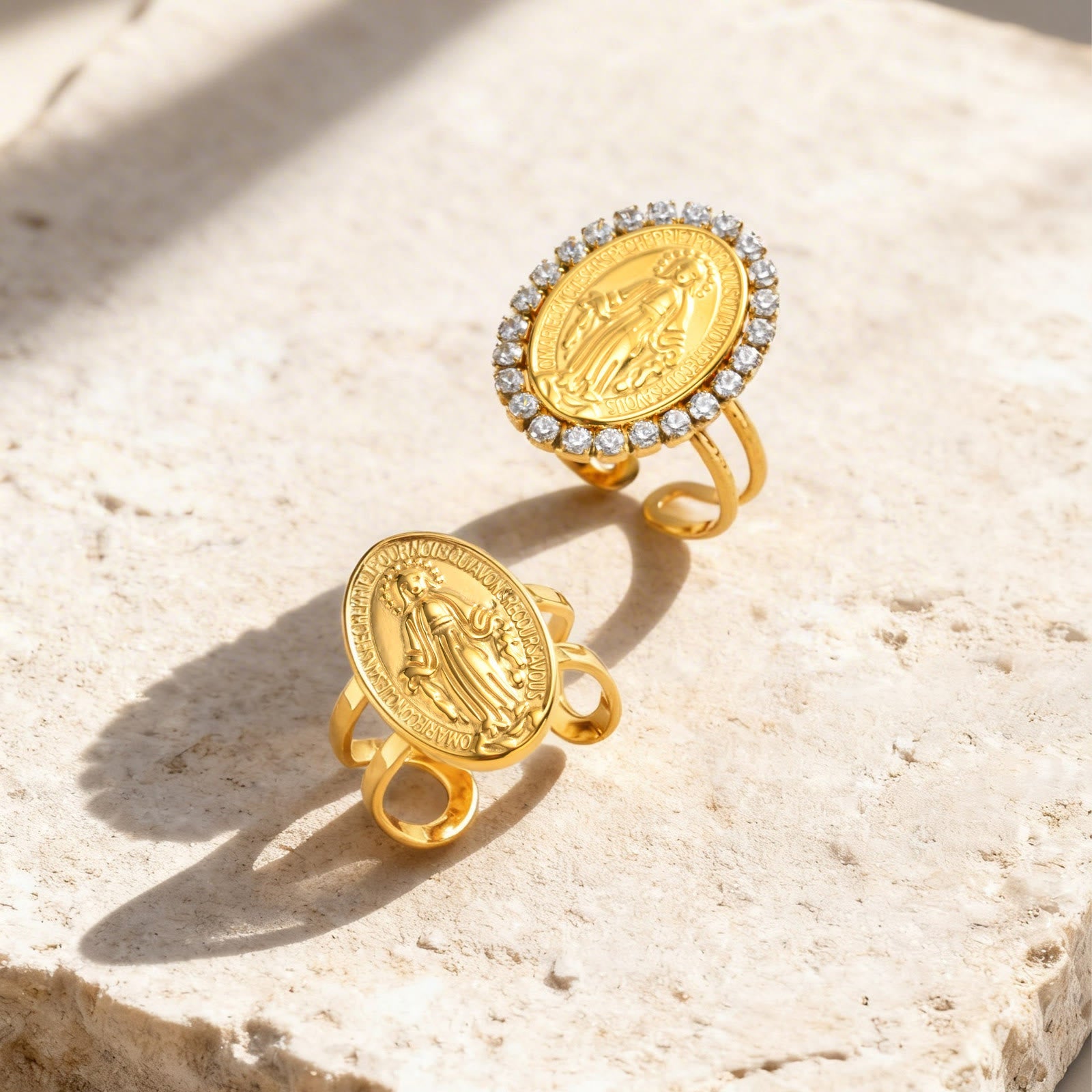 Bague réglable ouverte Notre-Dame Médaille Miraculeuse CZ Halo Foi