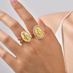Bague réglable ouverte Notre-Dame Médaille Miraculeuse CZ Halo Foi