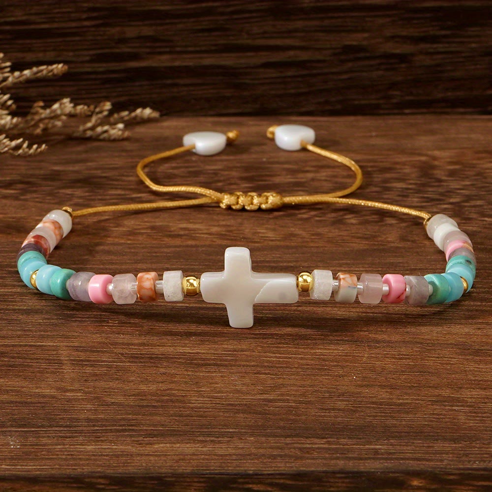 Bracelet d'amitié en perles de pierre naturelle Croix creuse : Icône de dévotion spirituelle