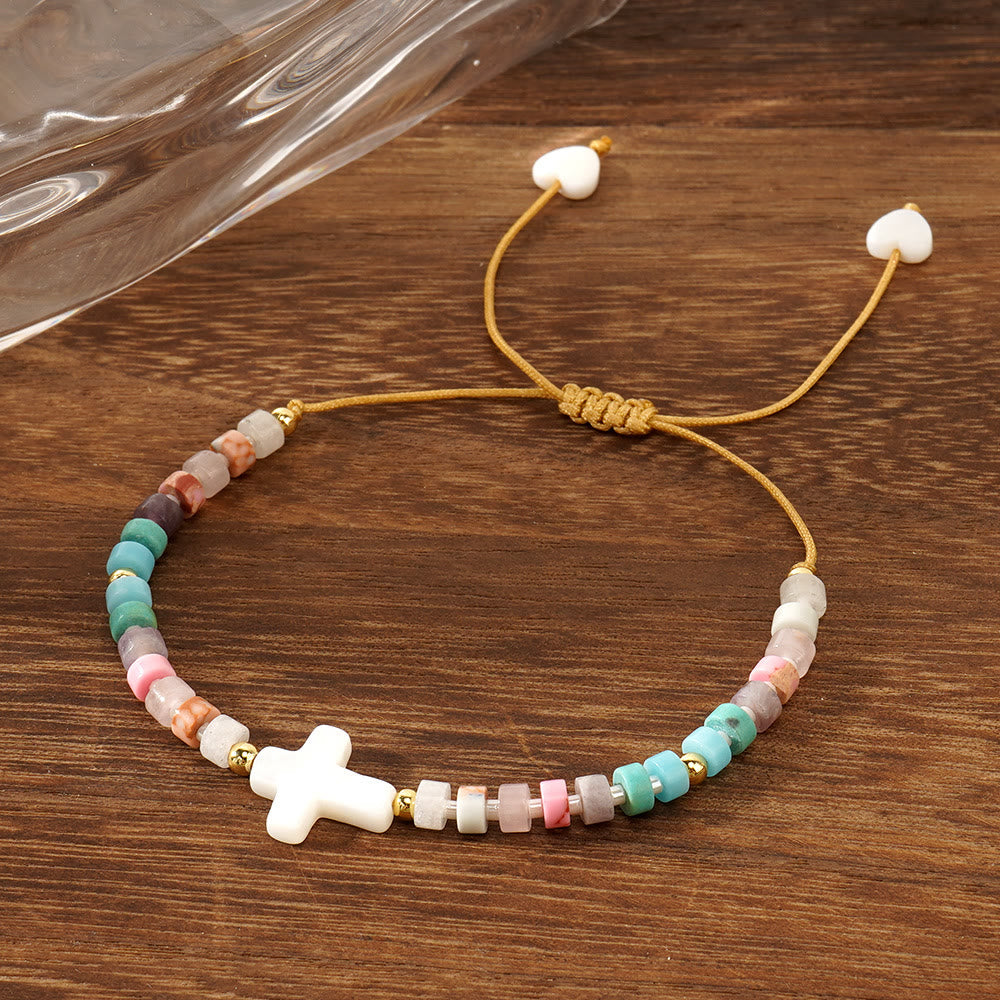 Bracelet d'amitié en perles de pierre naturelle Croix creuse : Icône de dévotion spirituelle