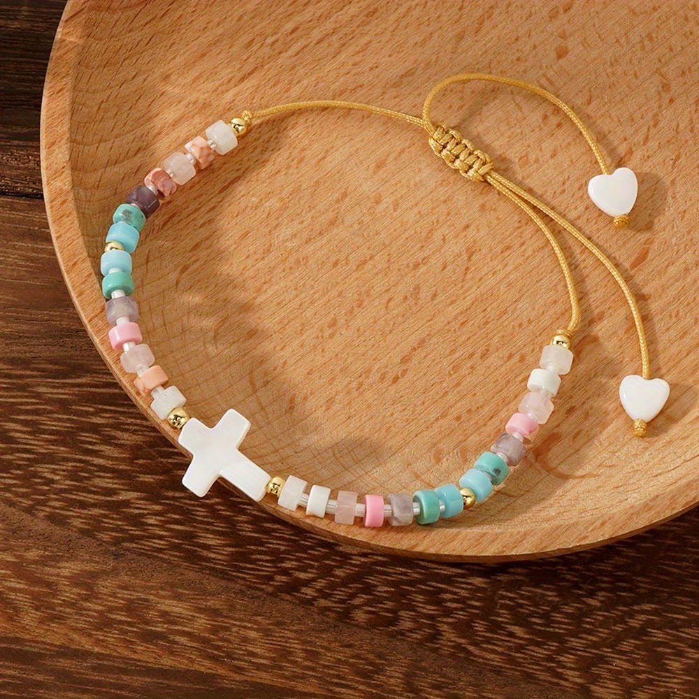 Bracelet d'amitié en perles de pierre naturelle Croix creuse : Icône de dévotion spirituelle