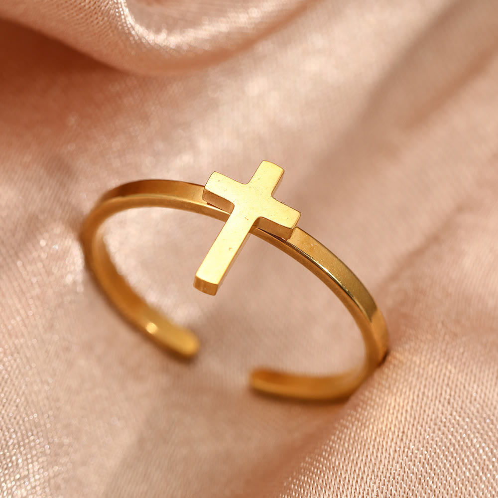 Anillo Abierto de Cruz Minimalista: Un Símbolo de Fe Devota y Gracia Espiritual