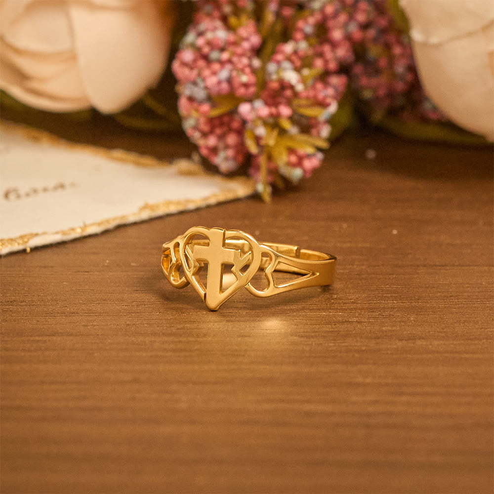Bague réglable Cœur et Croix éternels : un cadeau de grâce et d'intercession divine