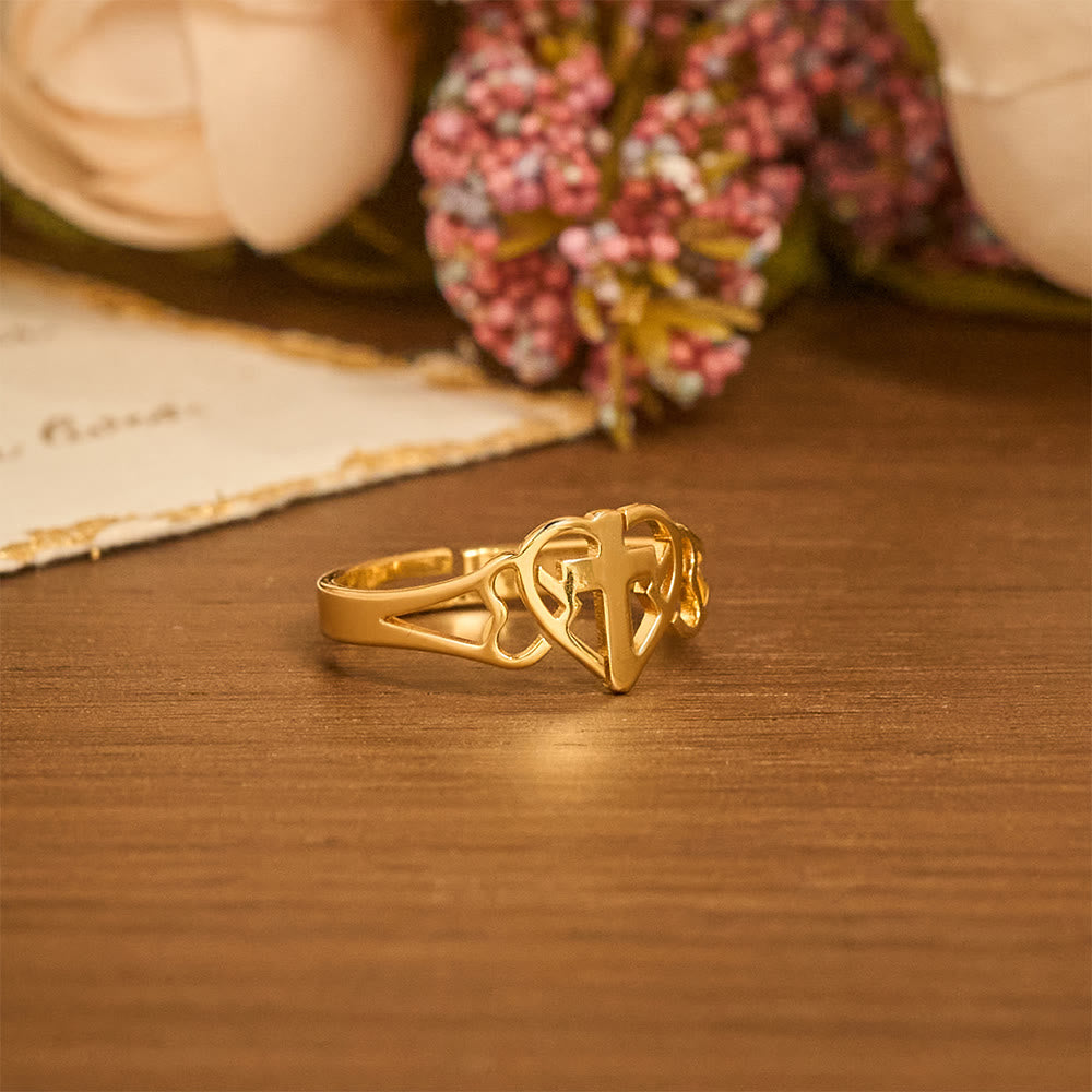 Bague réglable Cœur et Croix éternels : un cadeau de grâce et d'intercession divine