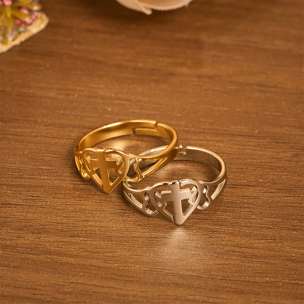 Bague réglable Cœur et Croix éternels : un cadeau de grâce et d'intercession divine