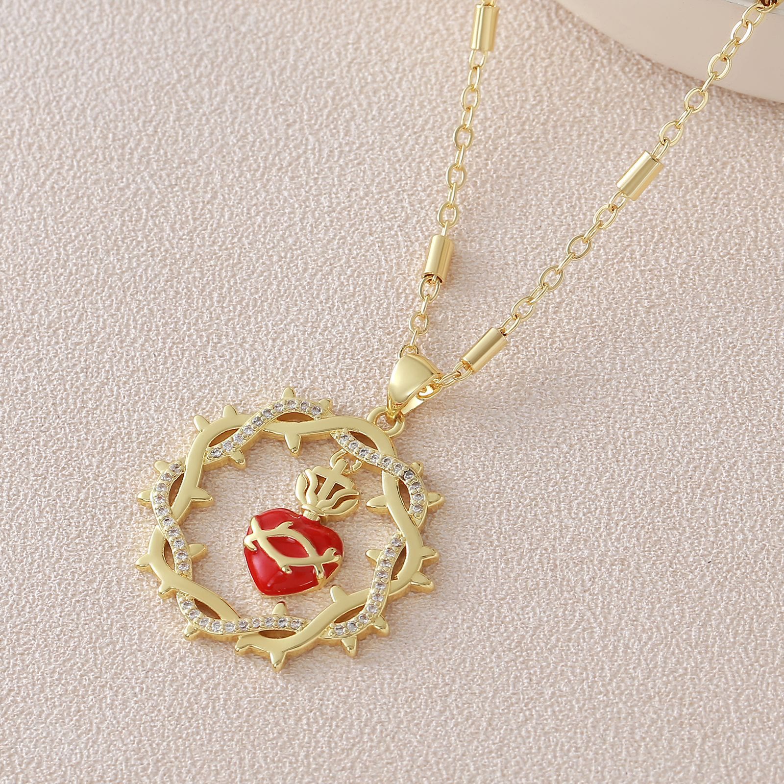 Thorn-Wreathed Sacred Heart Dual-Tone Necklace: Emblem of Divine Love