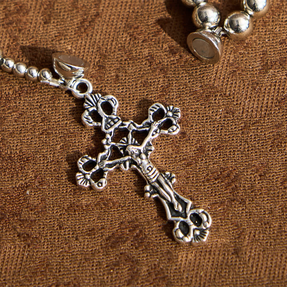 Pulsera de rosario magnética Sagrado Tono Plateado: Oración y pulsera 2 en 1