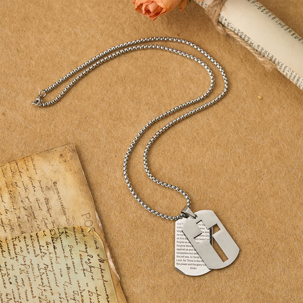 Collar con colgante de placa de identificación con la cruz y el padrenuestro: emblema de gracia divina y fe