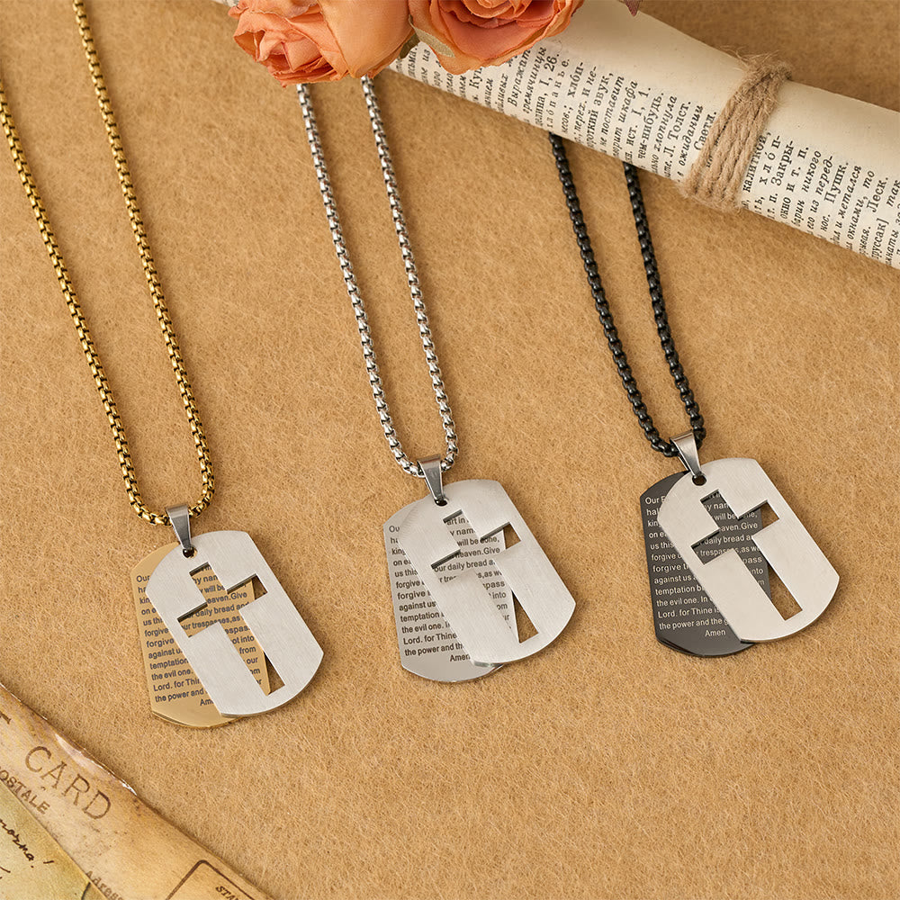 Collar con colgante de placa de identificación con la cruz y el padrenuestro: emblema de gracia divina y fe