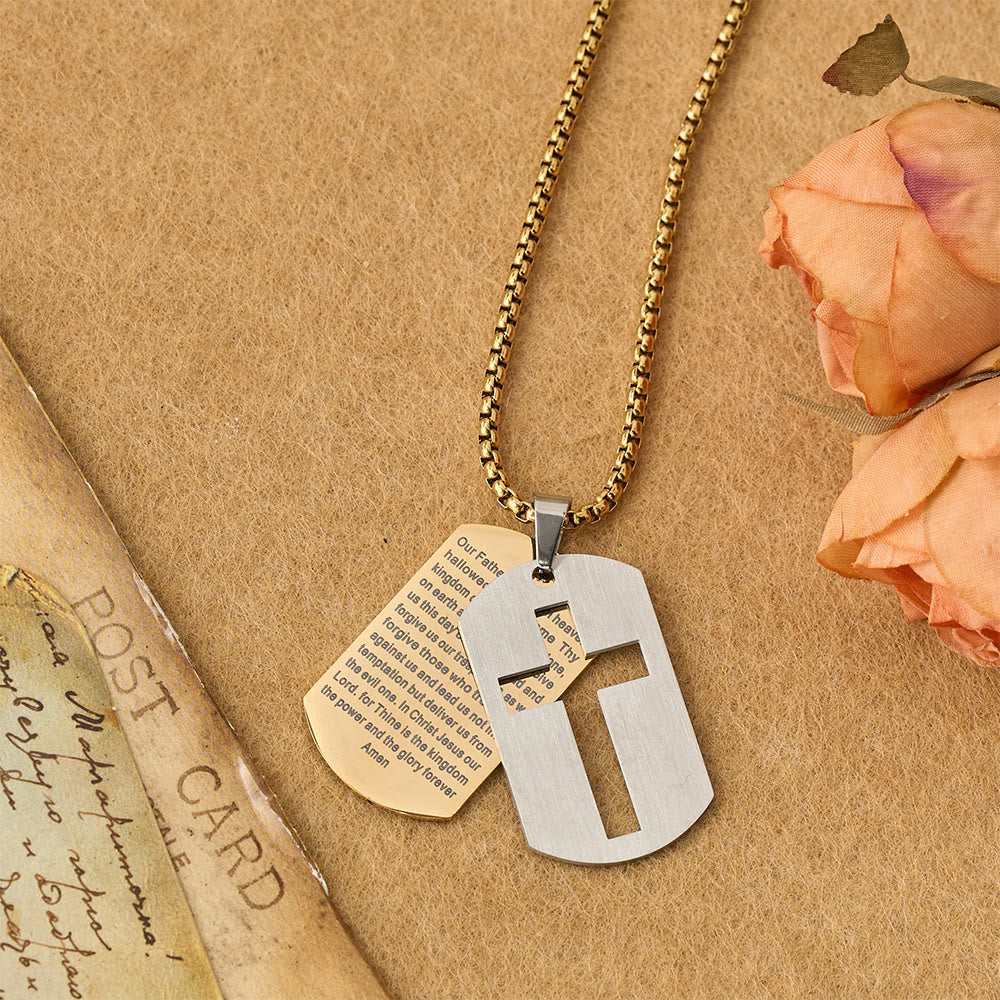 Collar con colgante de placa de identificación con la cruz y el padrenuestro: emblema de gracia divina y fe